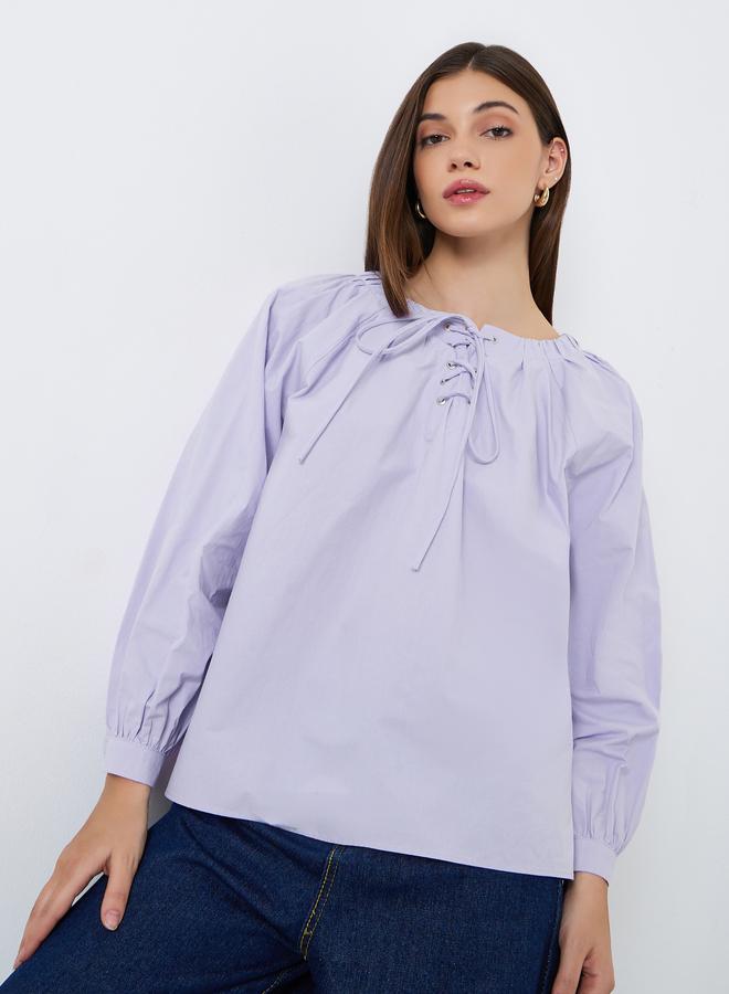 Styli Women Purple Lace-Up Long Sleeve Blouse - Image 4